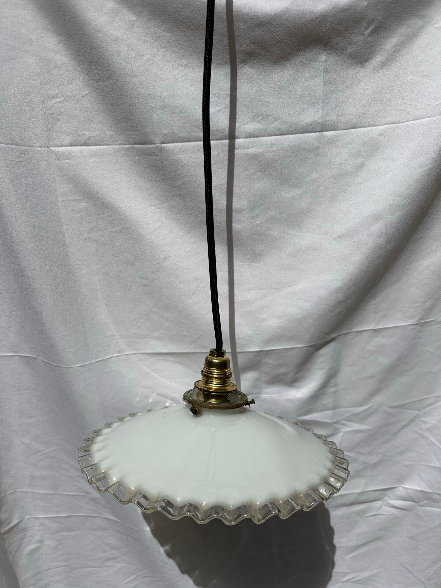 White opaline wavy suspension brass claw vintage lampshade