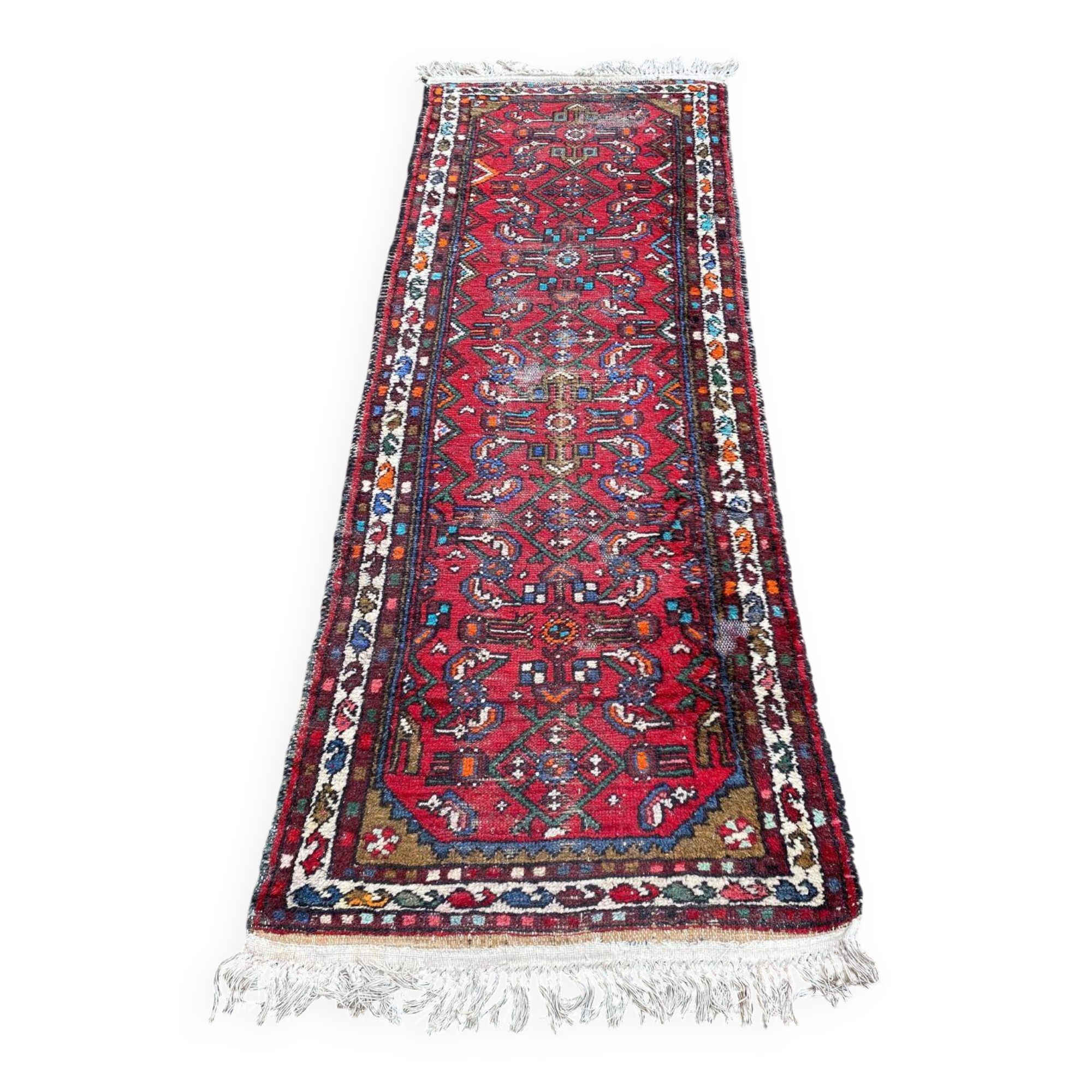 Handmade long hallway rug in burgundy wool, 75x200