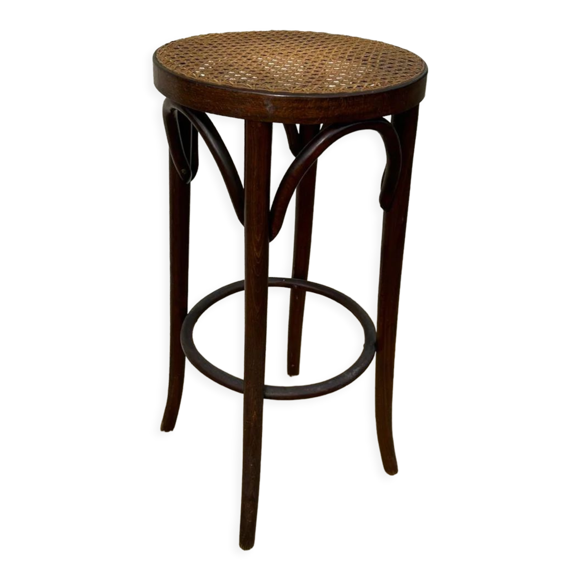 Tabouret de bar vintage en bois & cannage