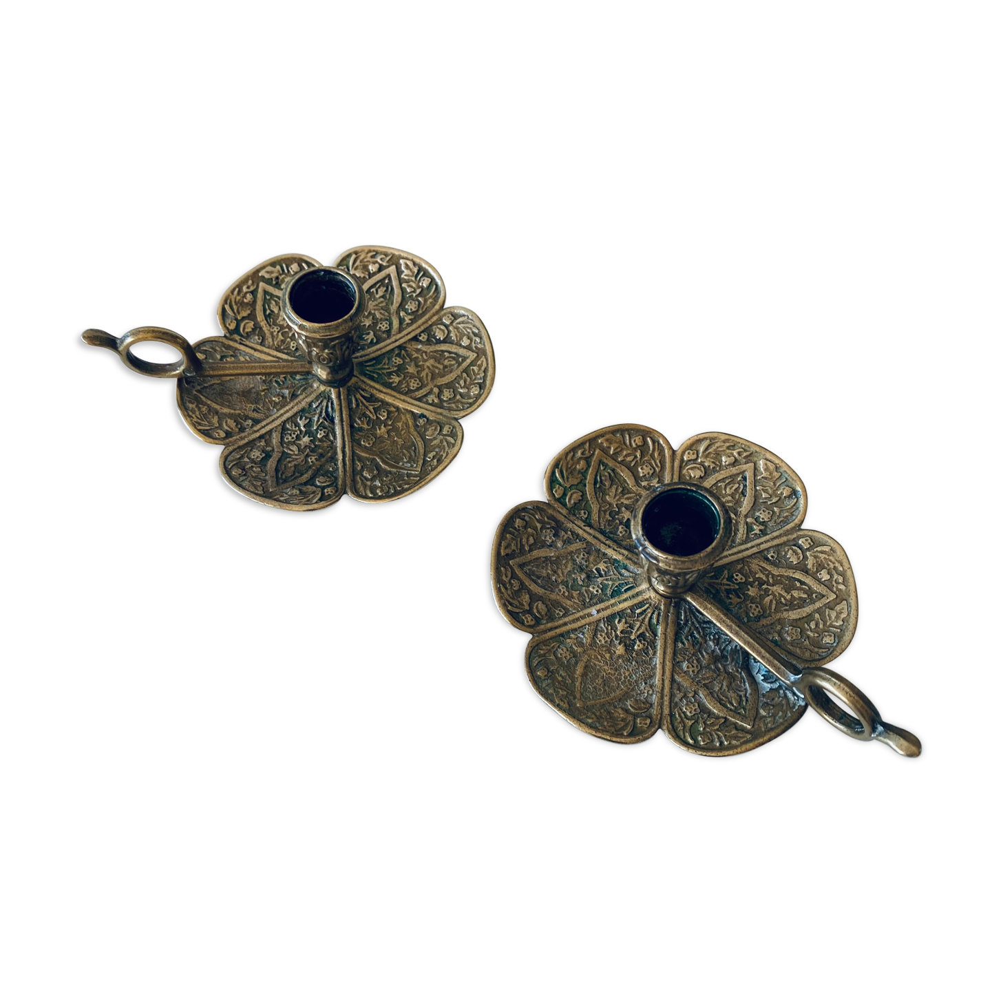 Pair of brass clover candlesticks