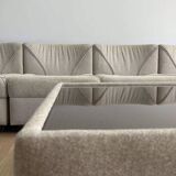 Vintage modular sofa, five armchairs and coffee table, beige wool