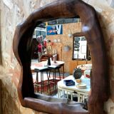 Brutalist olive wood mirror
