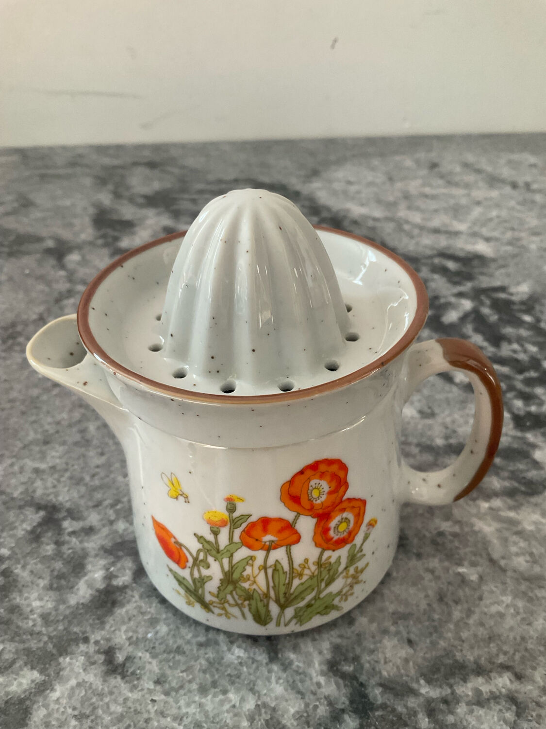 Vintage stoneware jug and its citrus juicer.