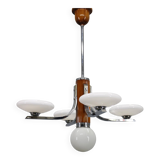 Lustre Art Déco en chrome et noyer avec abat-jour en verre opale, Tchécoslovaquie, 1