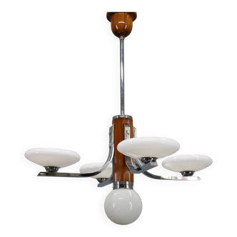 Art Deco chrome and walnut chandelier with milky glass shades, Czechoslovakia, 1