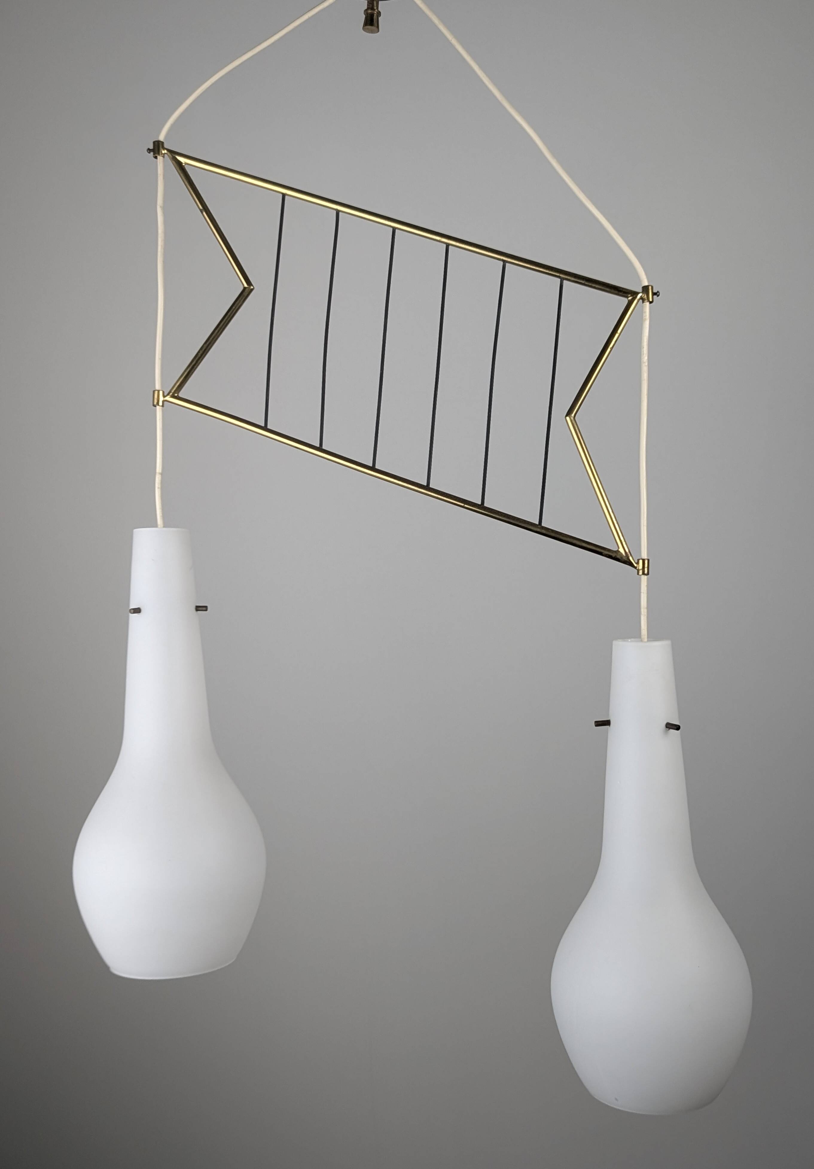 Italian Pendant Lamp with Opaline Shades & Brass, Stilnovo Style, 1950s