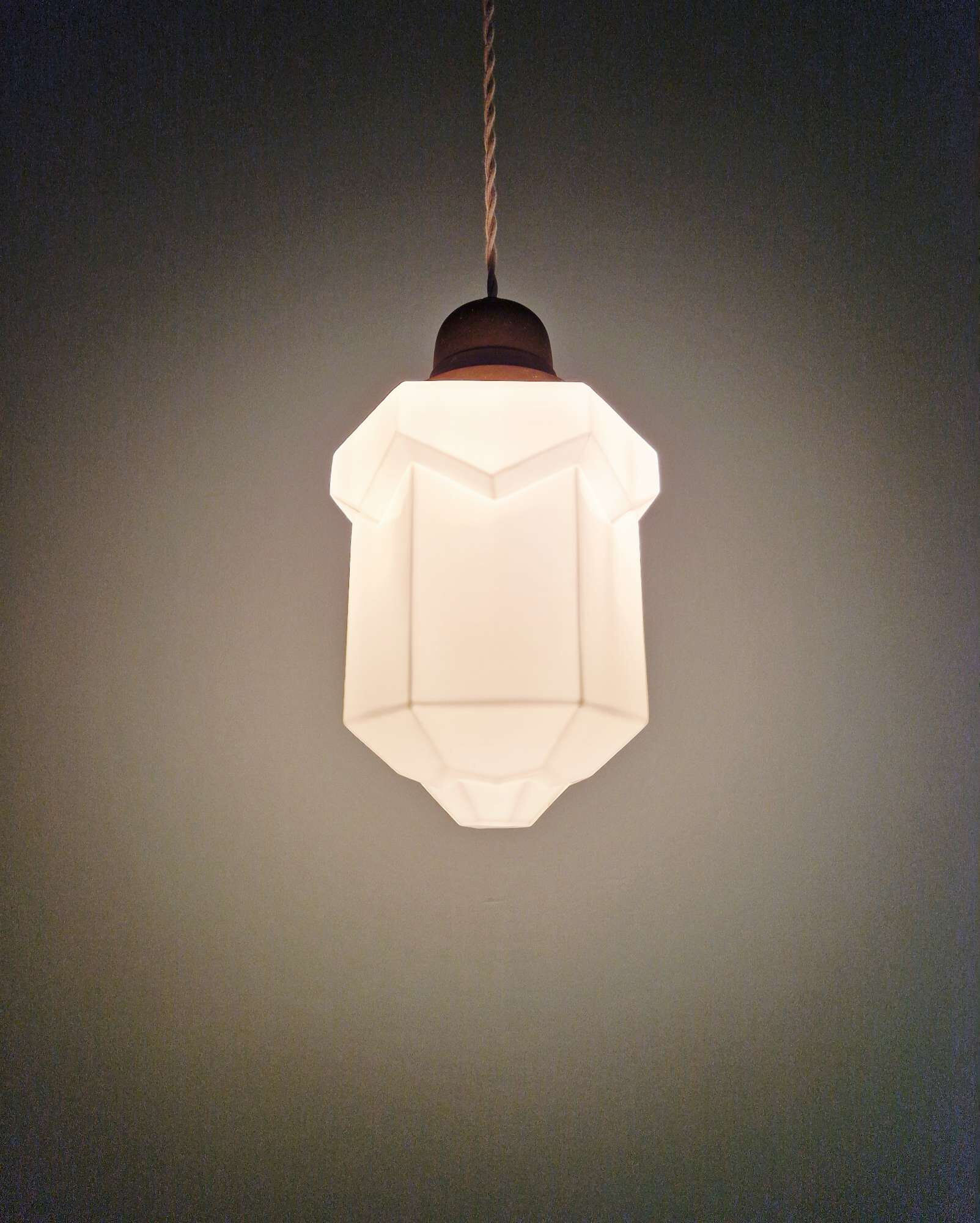 Art Deco skyscraper pendant lamp in white opaline, 1920-30