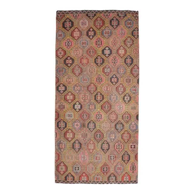 1970s Vintage Turkish Oushak Handmade Colorful Runner Rug 145x243
