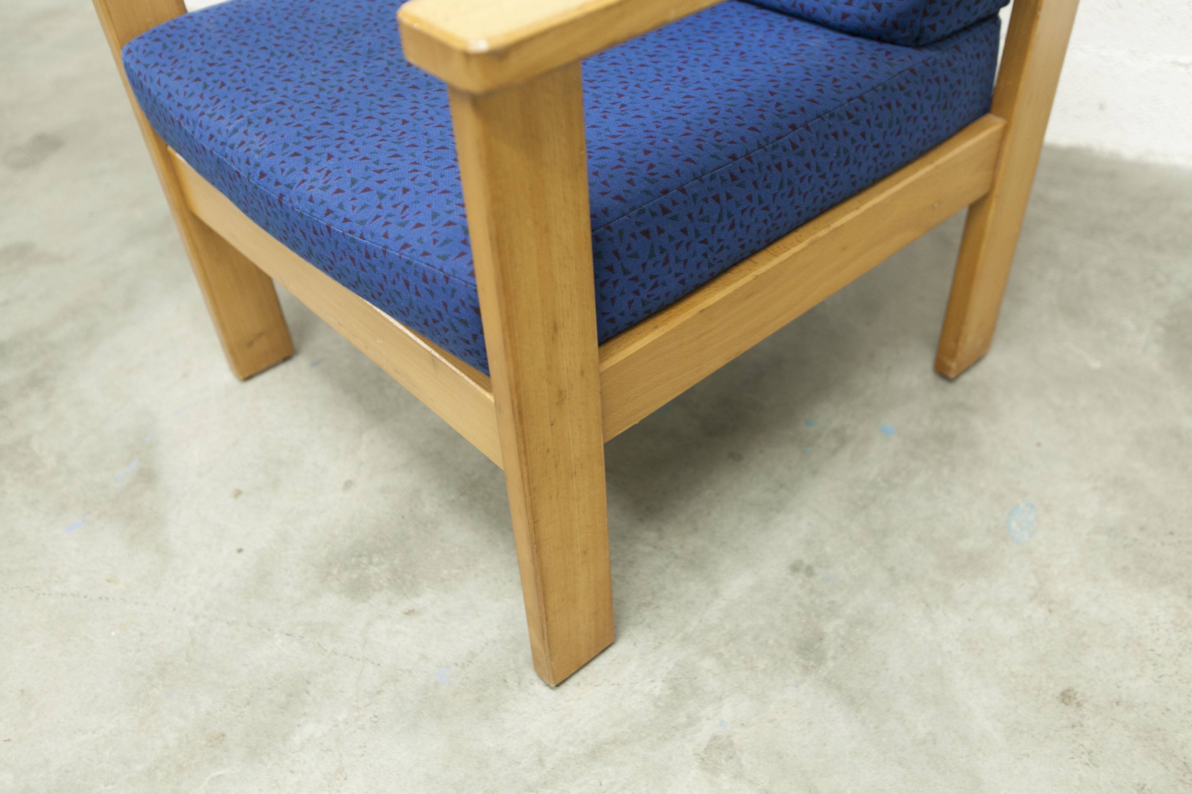 Comfortable 1980s blue and honey beech armchair