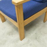 Comfortable 1980s blue and honey beech armchair