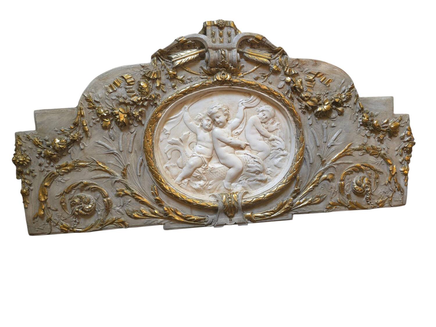 Wall panel with angels in patinated stucco