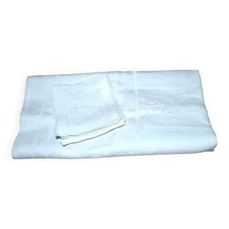 Vintage tablecloth in mixed cotton damask 130x150 floral decor monogram medallion BV + 10 napkins *M