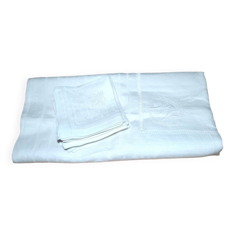 Nappe vintage en coton métis damassé 130x150 décor fleuri monogramme médaillon BV + 10 serviettes *M