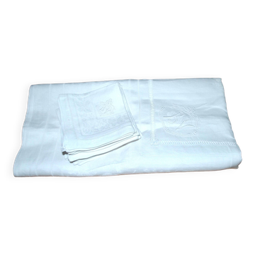 Nappe vintage en coton métis damassé 130x150 décor fleuri monogramme médaillon BV + 10 serviettes *M