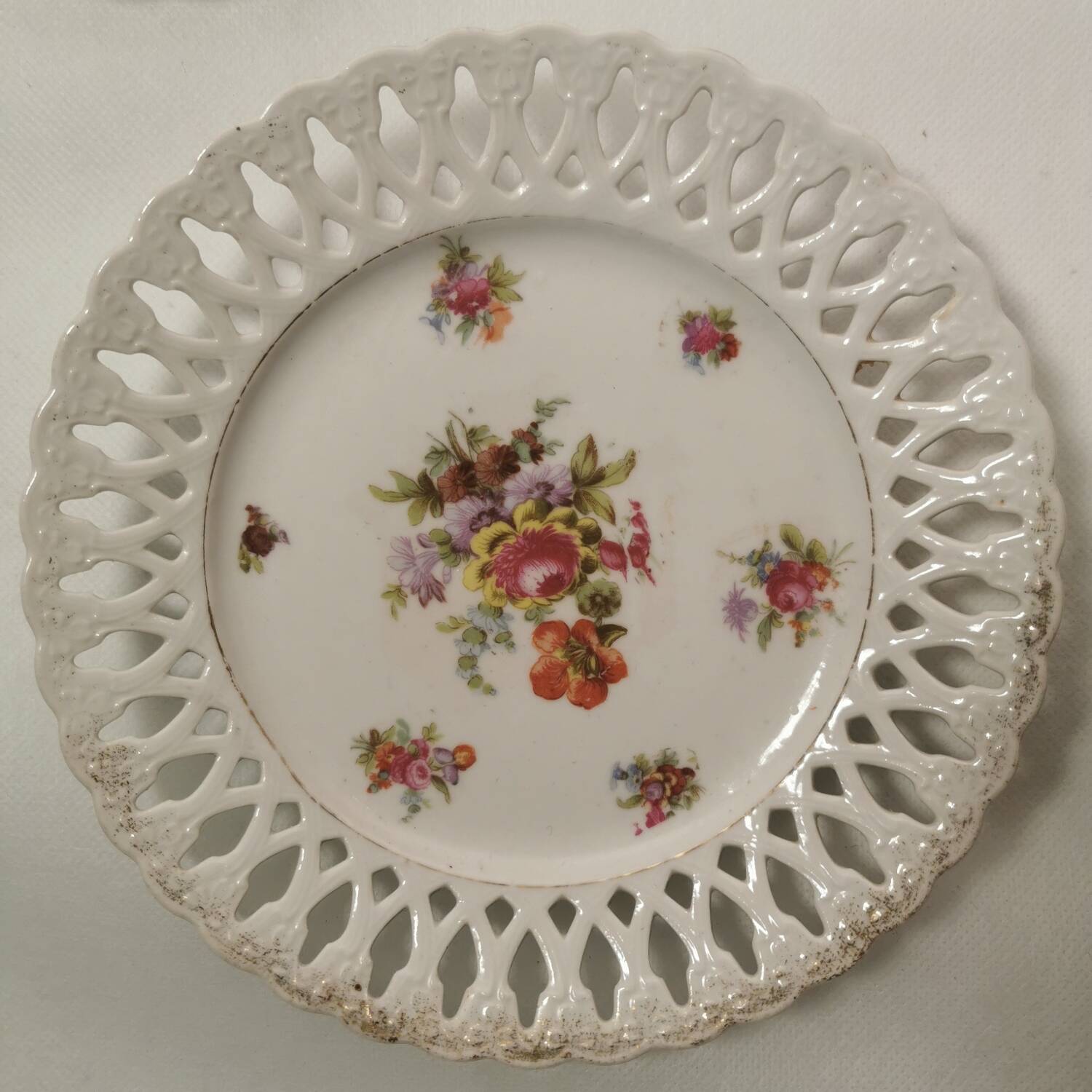 Set of 9 OPENWORK porcelain DESSERT PLATES hand painted in the style of SAXE