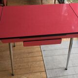 Table set and 2 vintage vintage pale red formica chairs