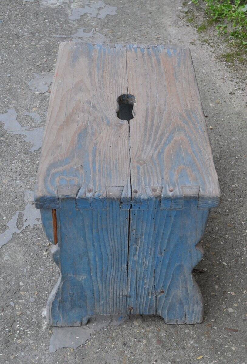 Rustic solid pine stool painted azure blue, low Hungarian farmhouse stool from the 1940s.