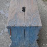 Rustic solid pine stool painted azure blue, low Hungarian farmhouse stool from the 1940s.