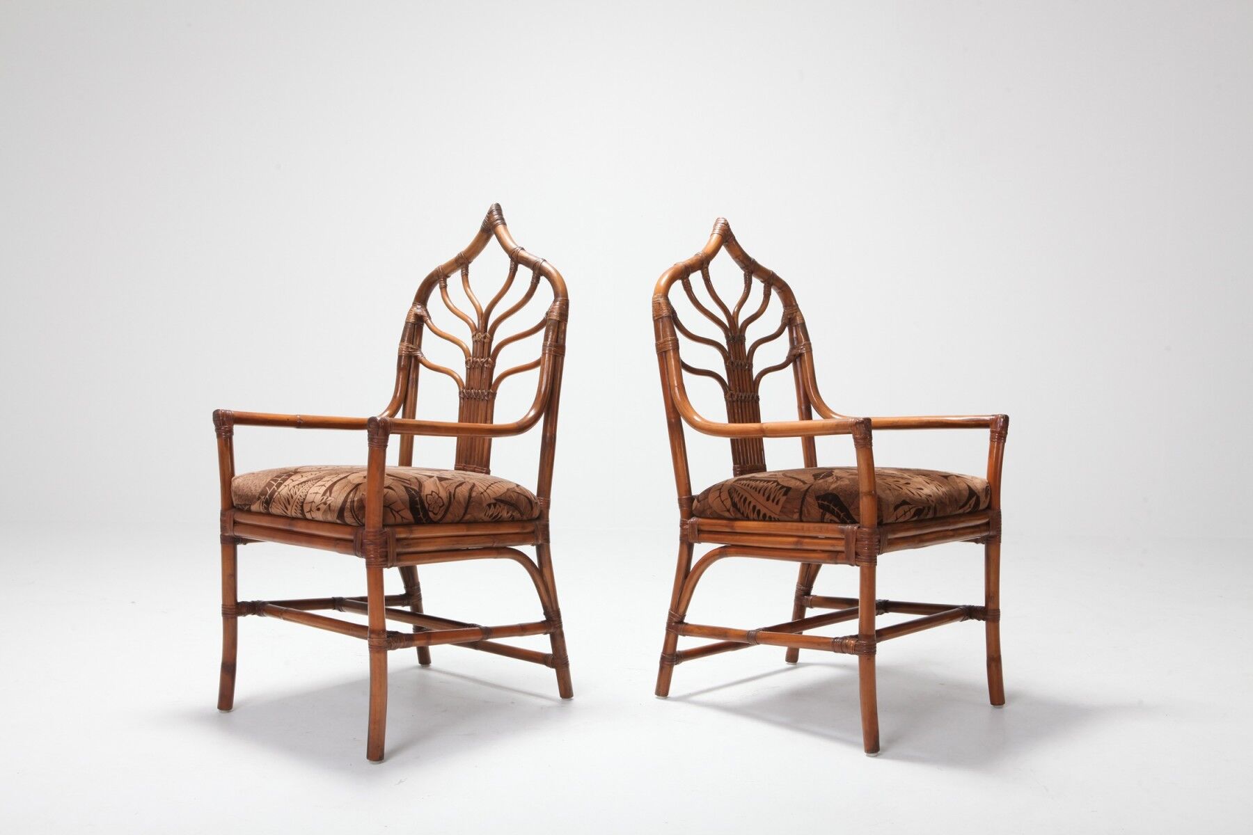 Set of bamboo lounge chairs with Italian 1960 floral cushions