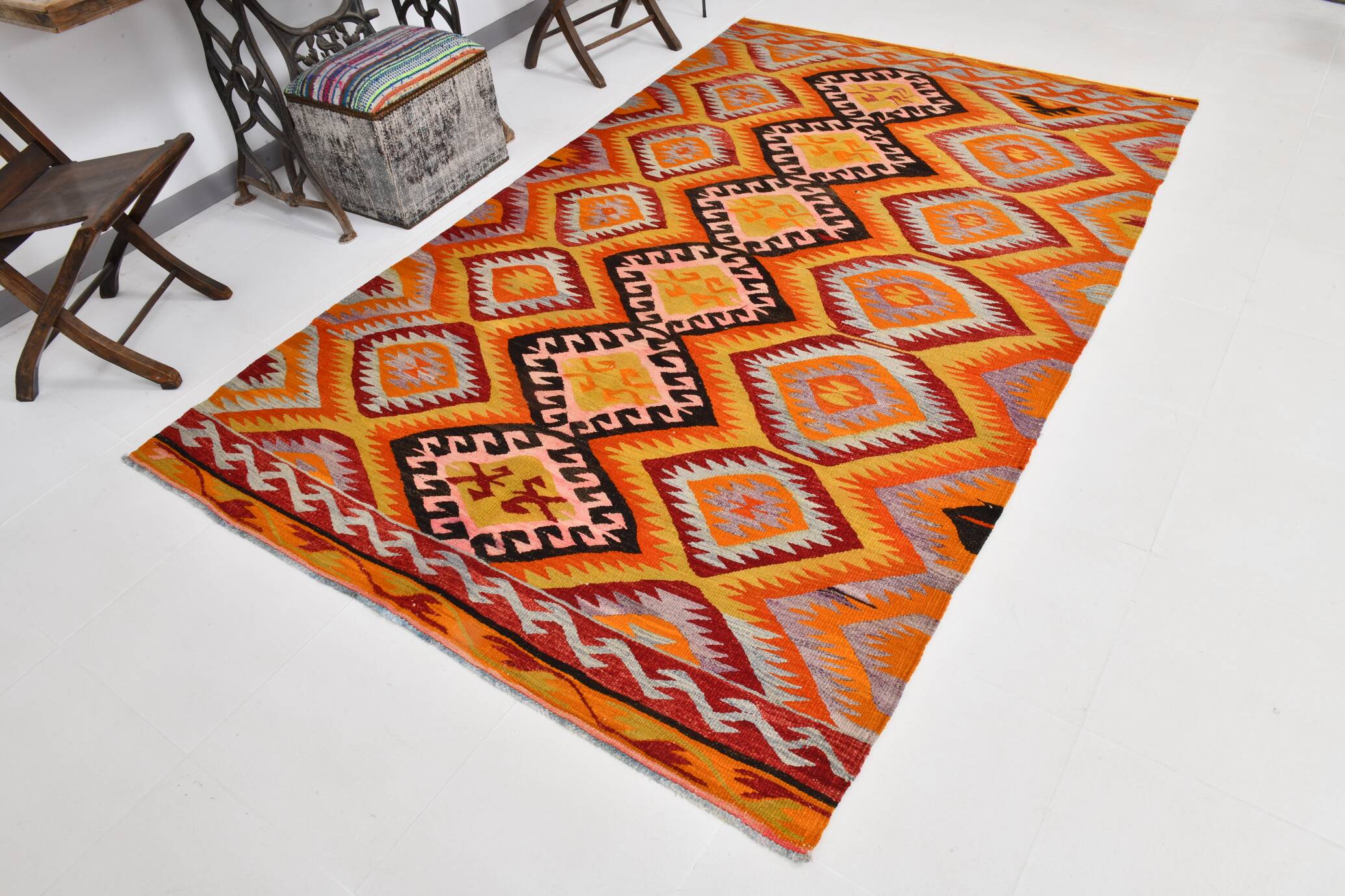 6x9 Orange & Balck Handmade Tribal Vintage Kilim Rug