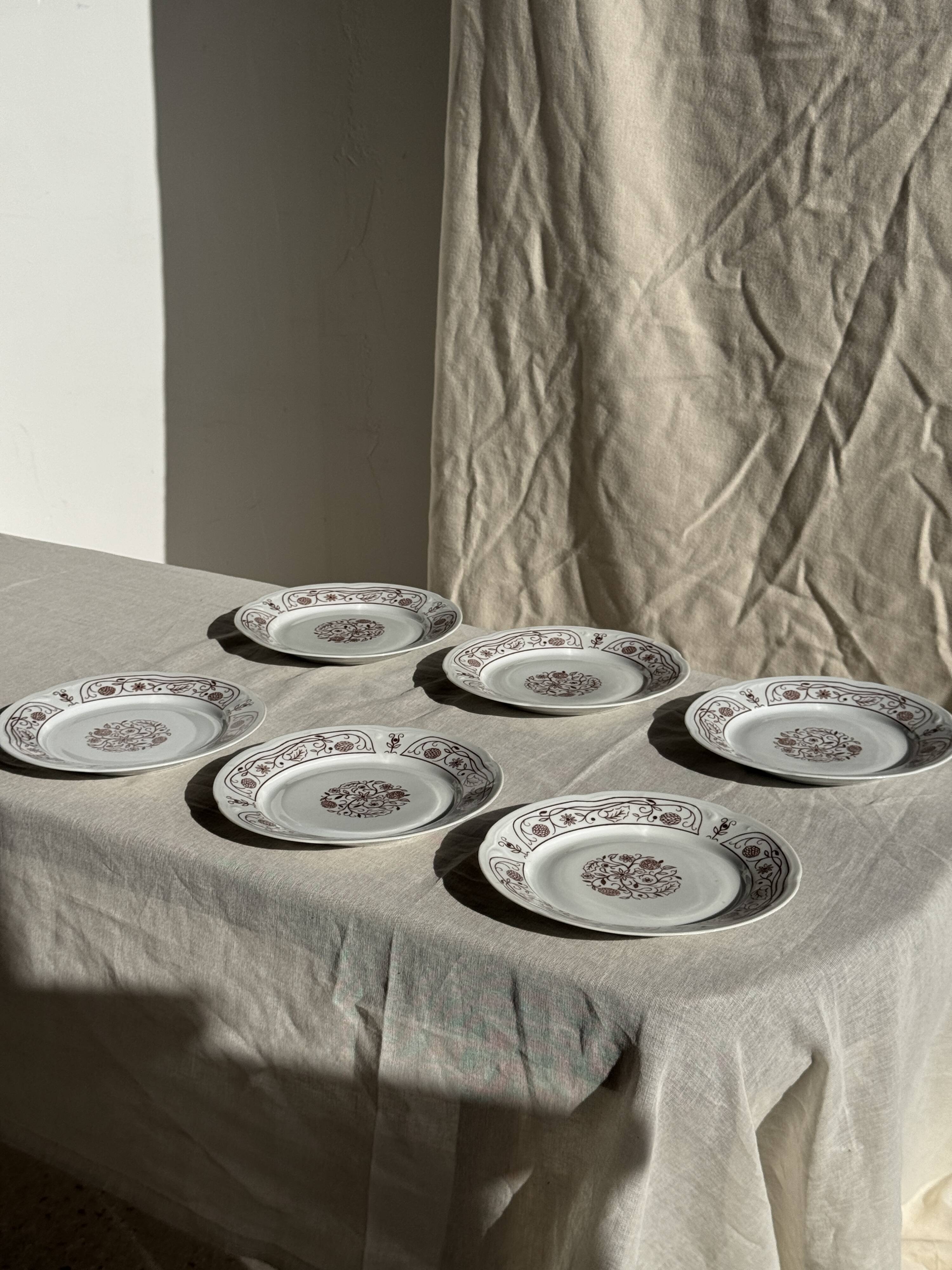 Set of 6 vintage dessert plates made in Poland with a plant motif.