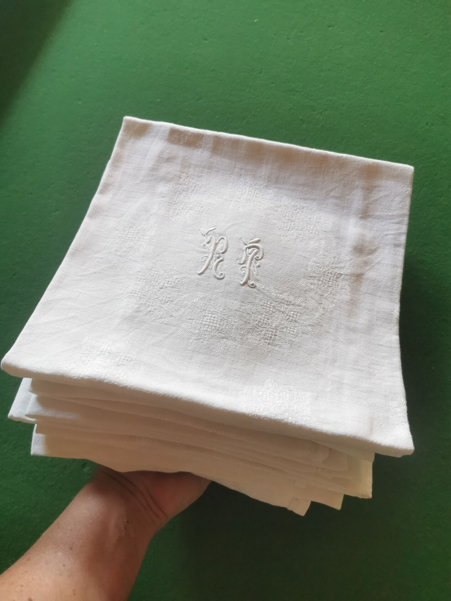 10 old damask linen napkins with monogram
