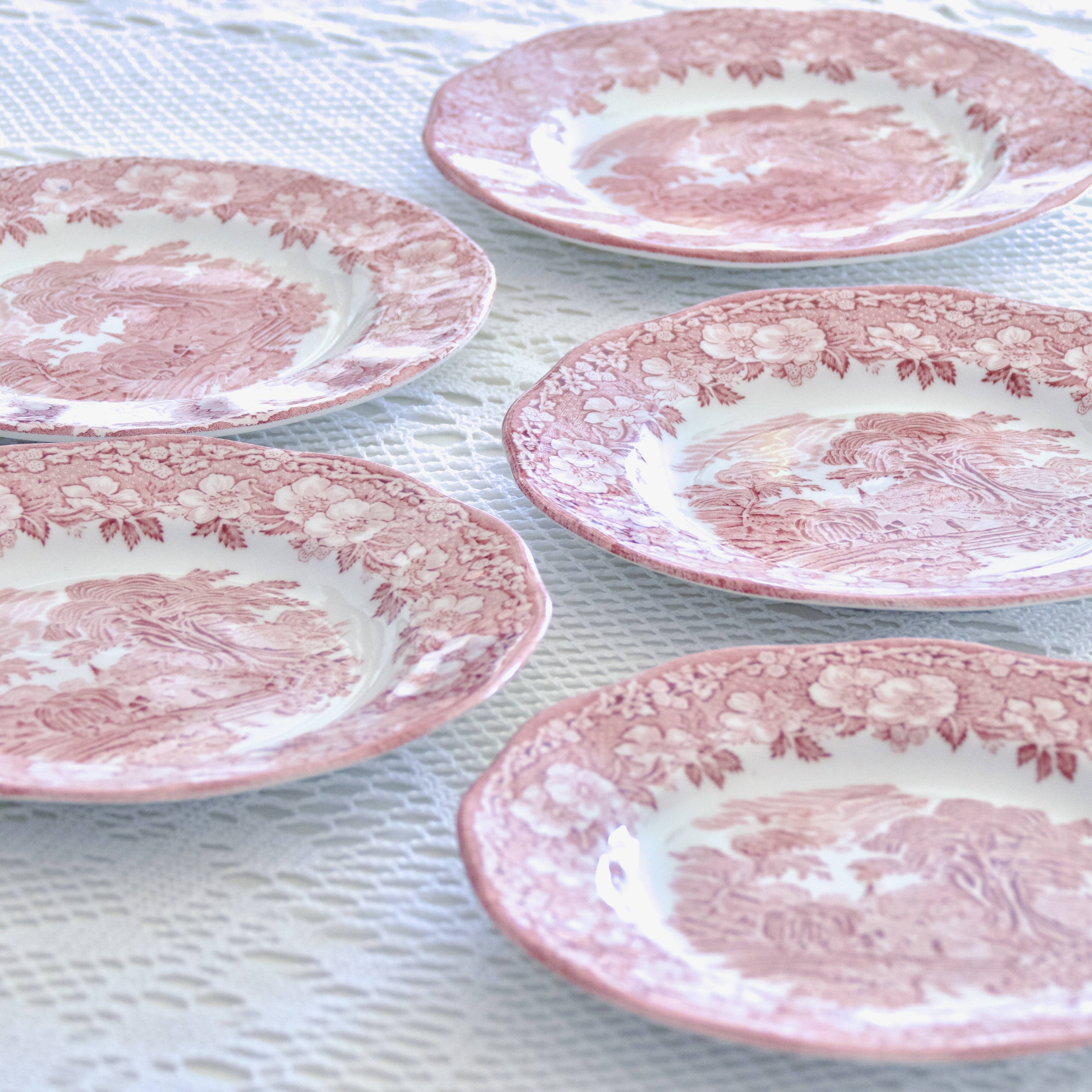 Wedgwood "Woodland" plates, pink English ironstone