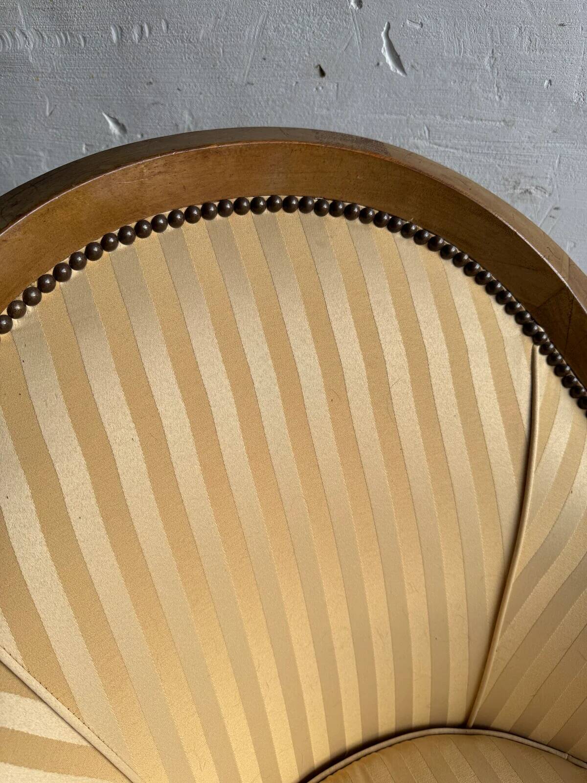 DeCoene antique wood writing desk with beige striped upholstered chair, brass-accented classic set