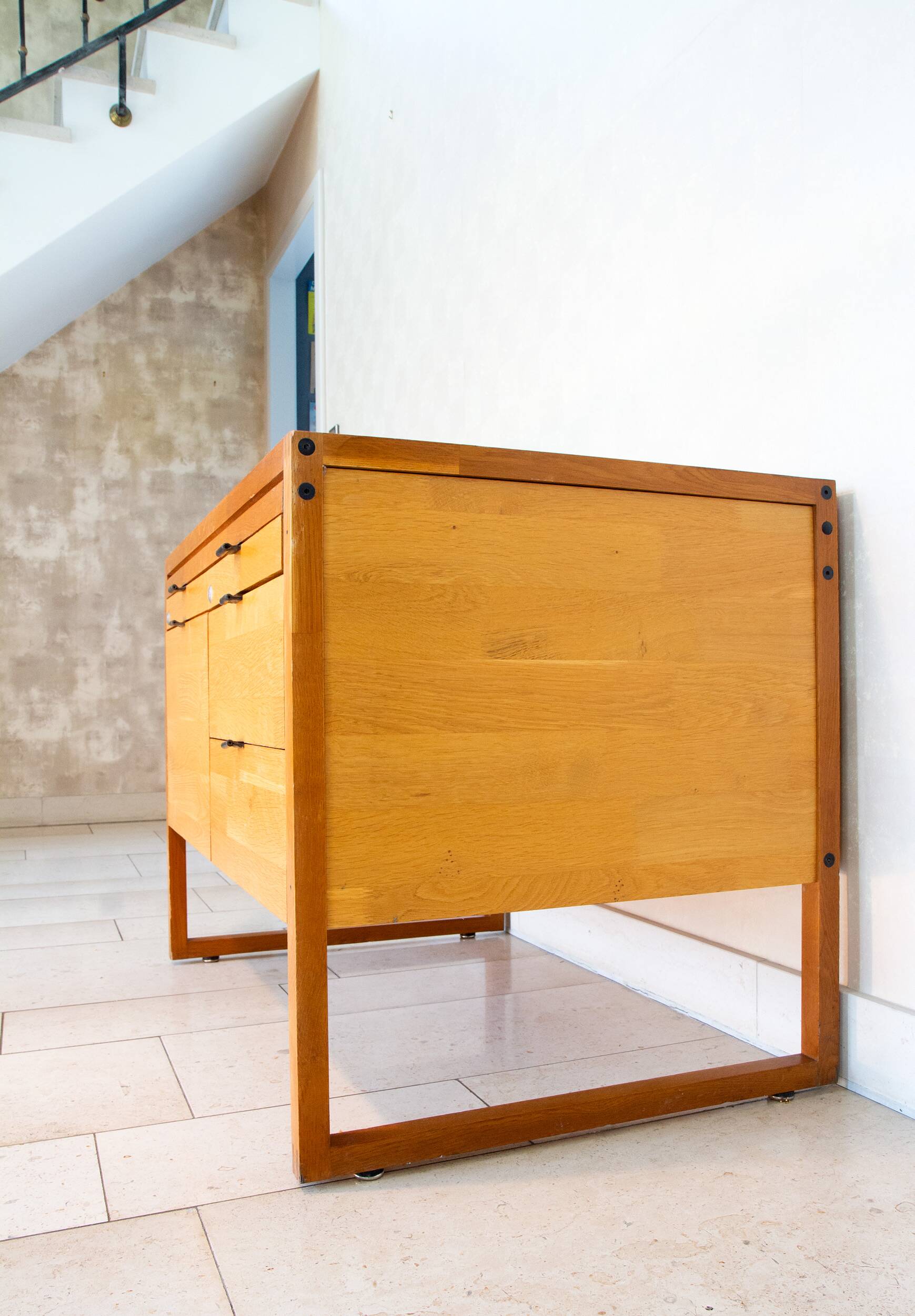 Scandinavian storage unit, solid wood and leather