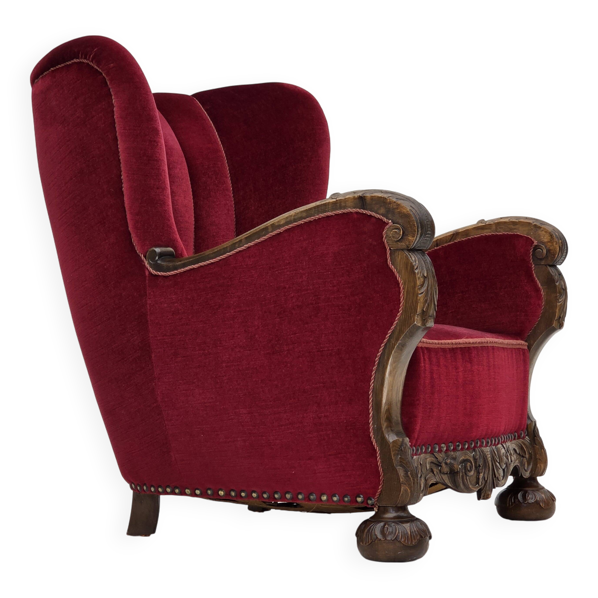 1960s, Danish relax chair, cherry-red furniture velour, oak wood.