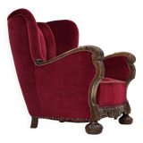 1960s, Danish relax chair, cherry-red furniture velour, oak wood.