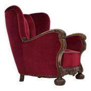1960s, Danish relax chair, cherry-red furniture velour, oak wood.