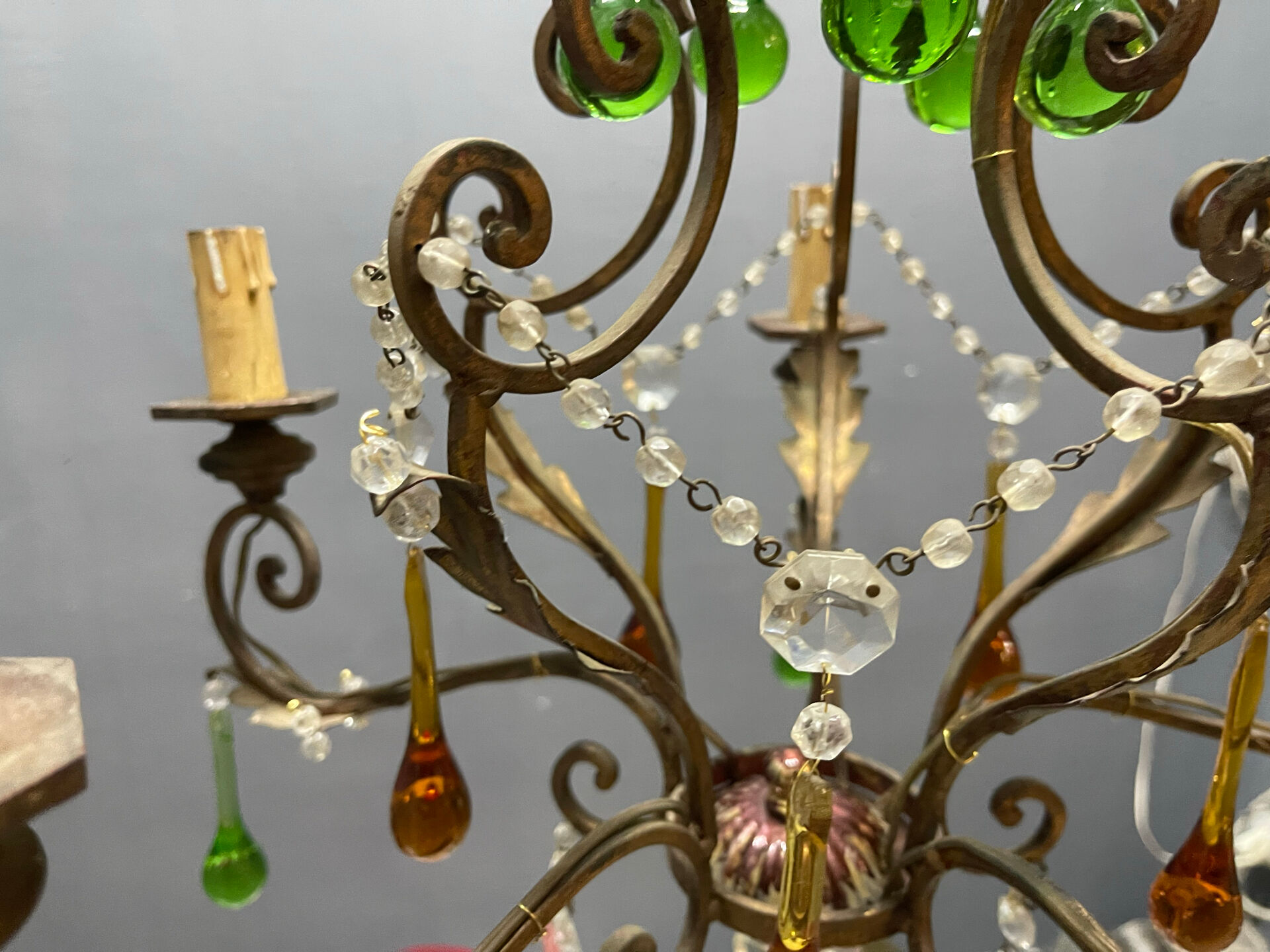 Italian 5-Light Tole Chandelier with Green & Amber Murano Glass Drops,