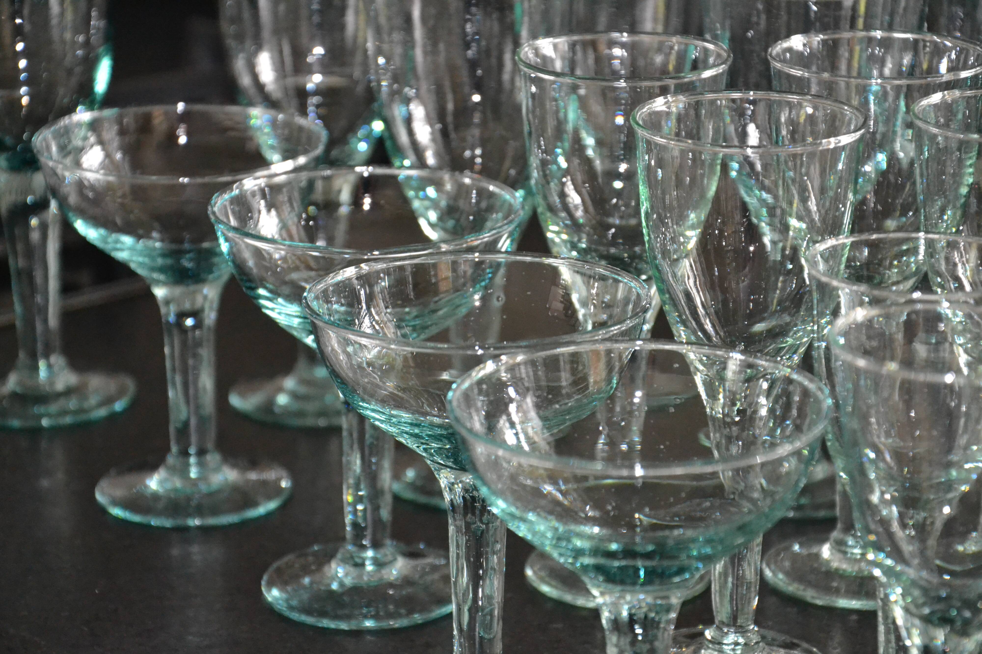 Set of hand-blown stemmed bubble glasses