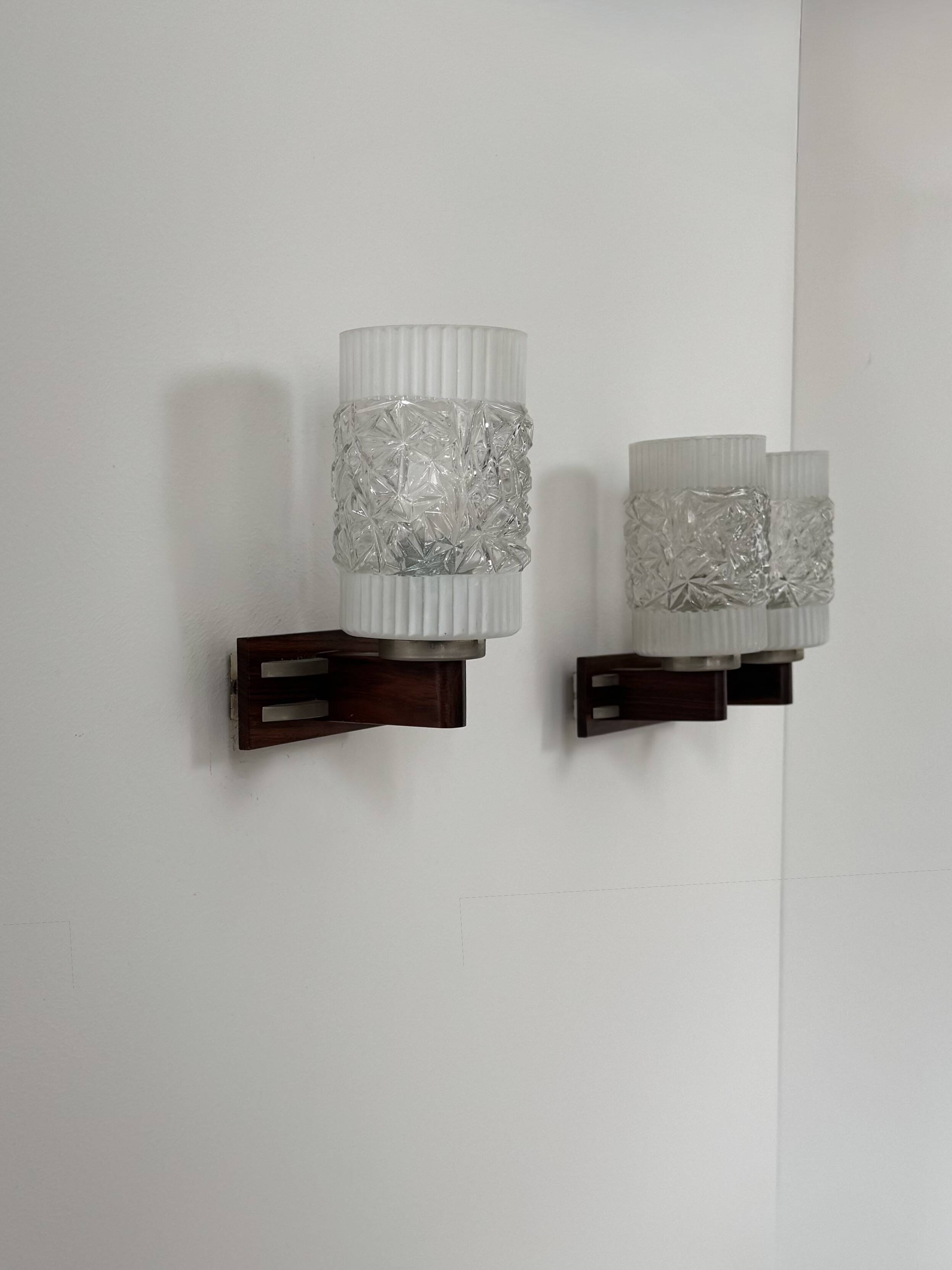 Pair of vintage wall lights, chrome, rosewood and pressed moulded glass, France