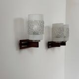 Pair of vintage wall lights, chrome, rosewood and pressed moulded glass, France