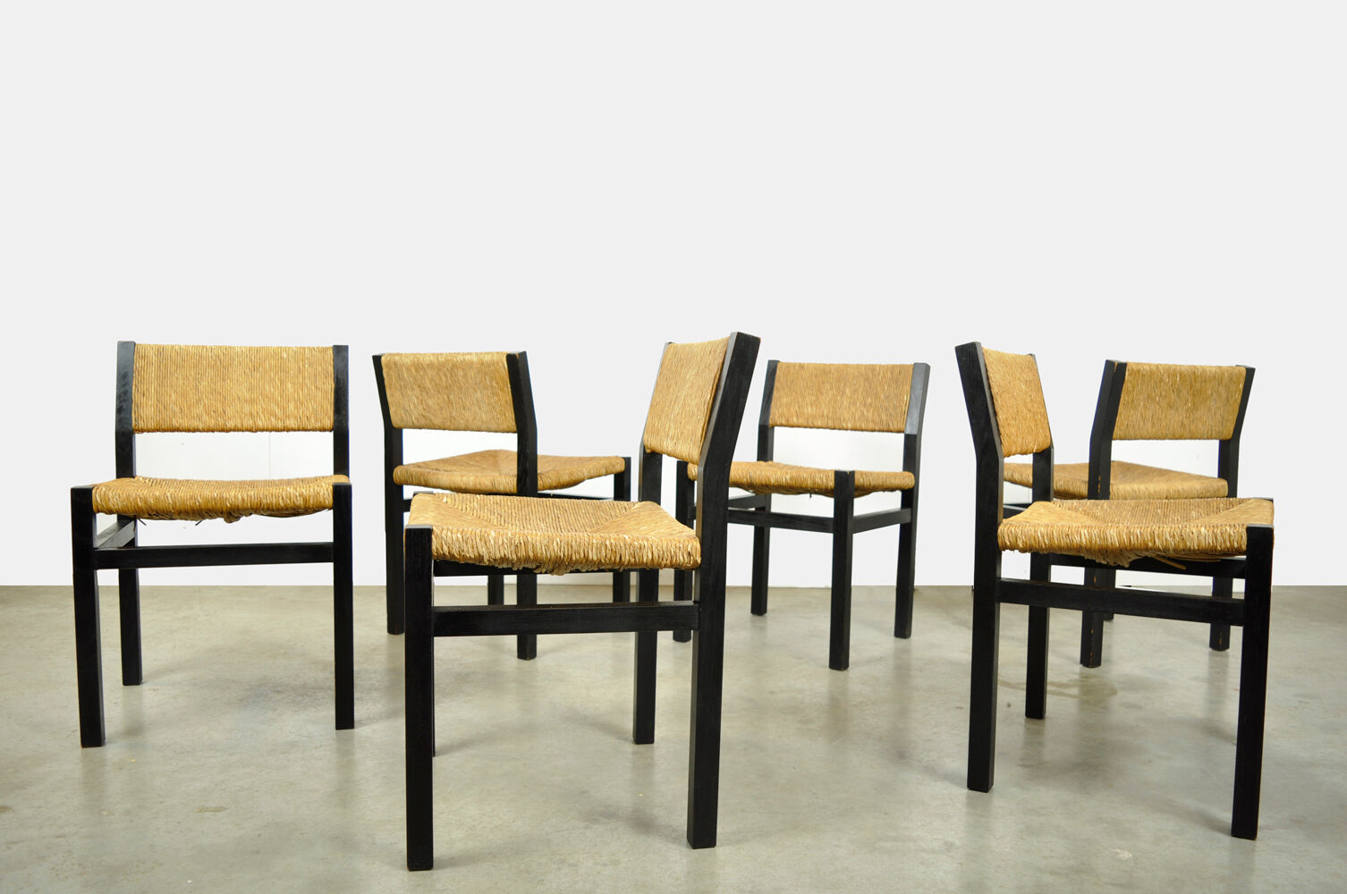 Set of 6 dining chairs with wicker seats by Martin Visser and produced by ‘t Spectrum, 1970s