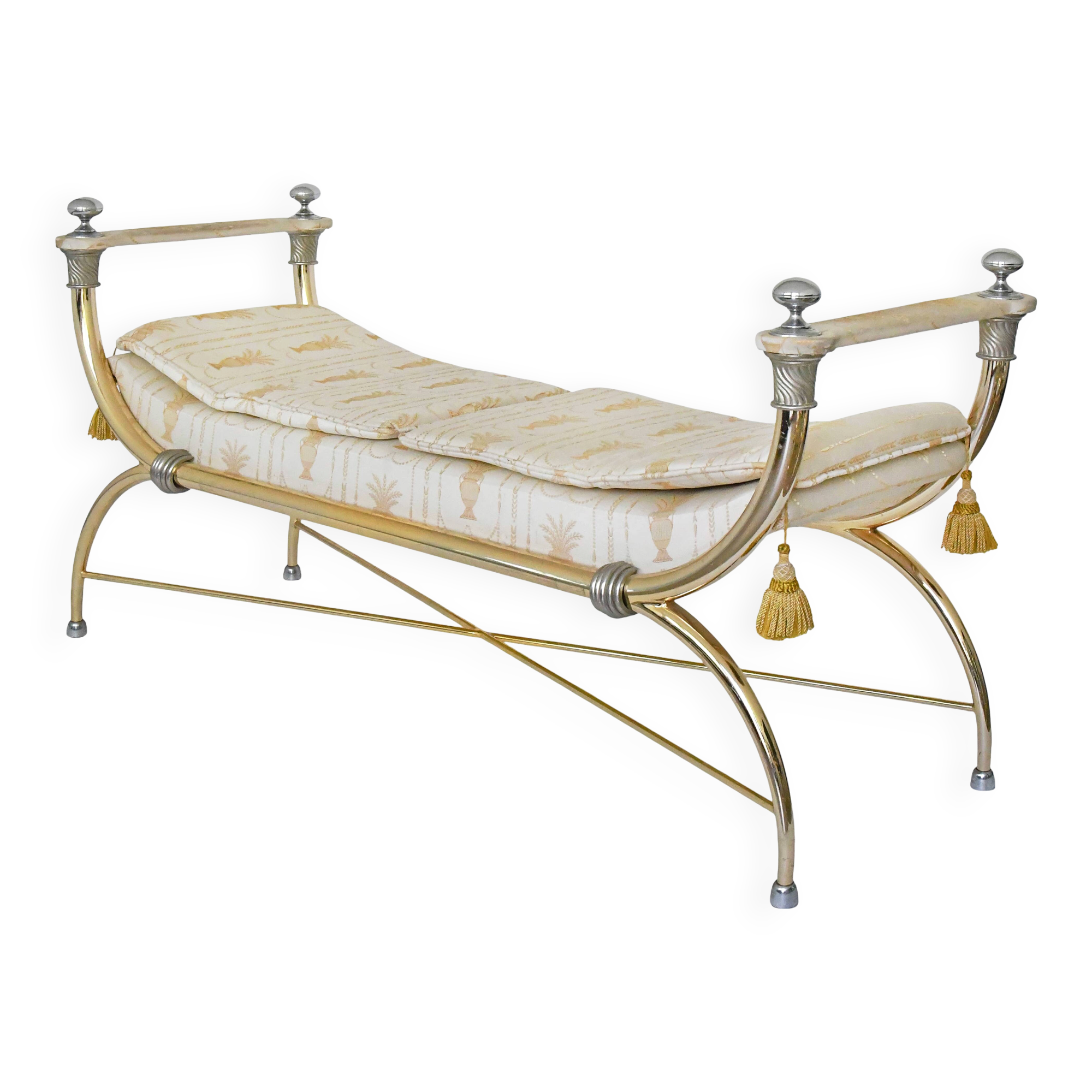 Bench in gilded brass and Empire-style fabric