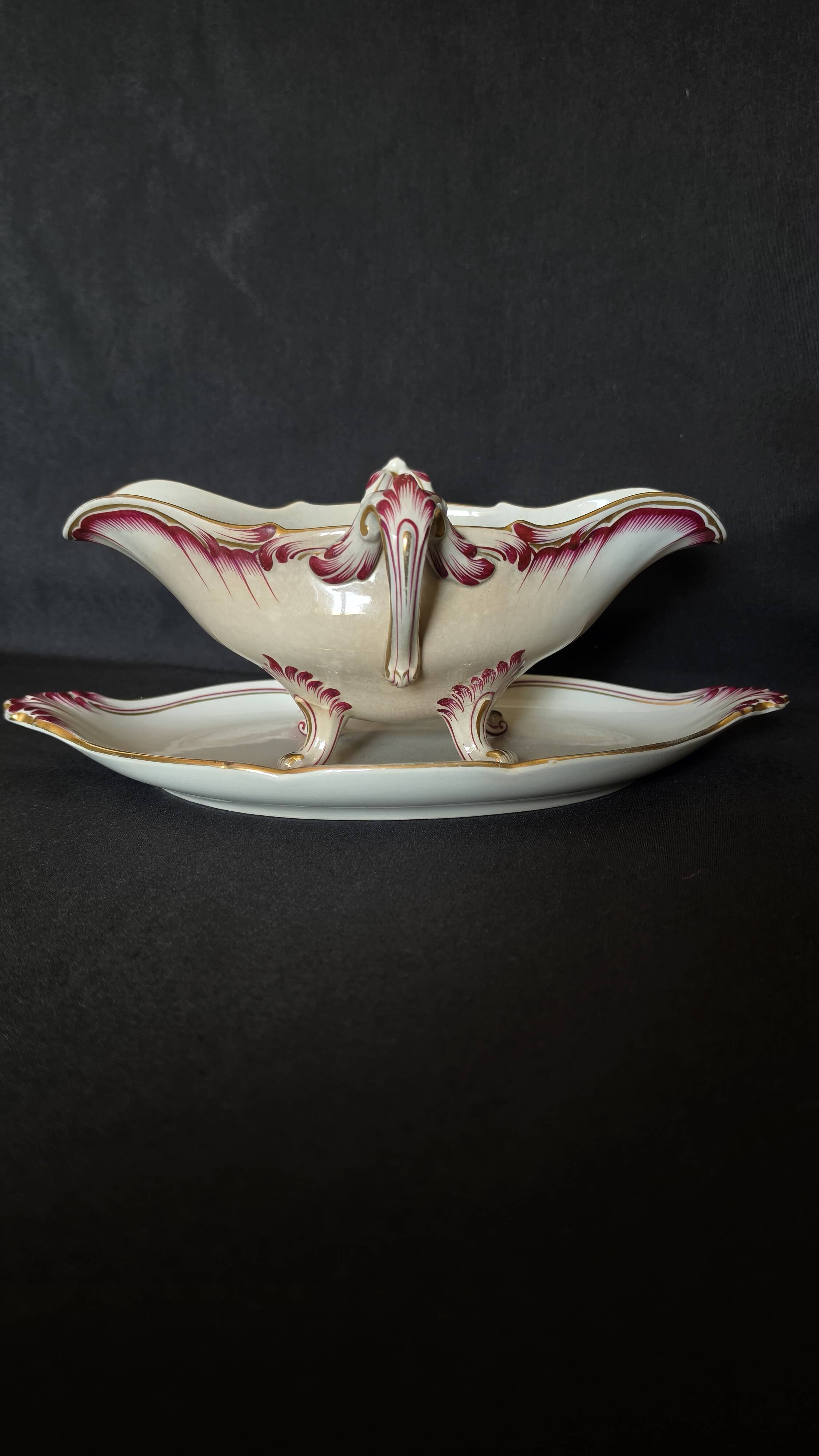 Antique sauce boat in fine earthenware from Sarreguemines, France, neo style.