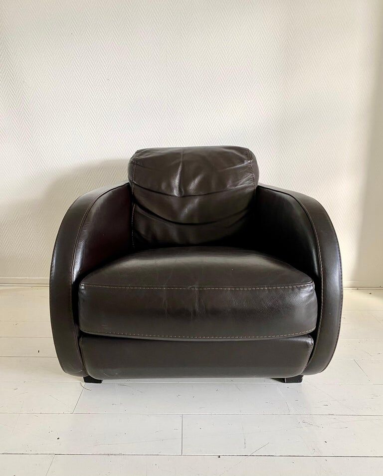 Art Deco style Vintage Brown Leather Lounge chair By Roche Bobois.