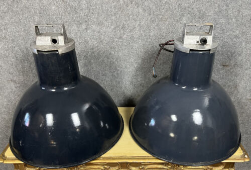 Pair of Mazda industrial suspension lamps in lacquered sheet metal