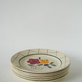 Set of 6 flat plates with flowers and tiles Gien model "Esterel", 1950