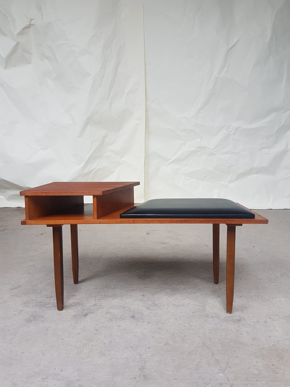 Vtg Mid Century Teak Vinyl Hallway Telephone Chair Table Bench Stool Danish 70s