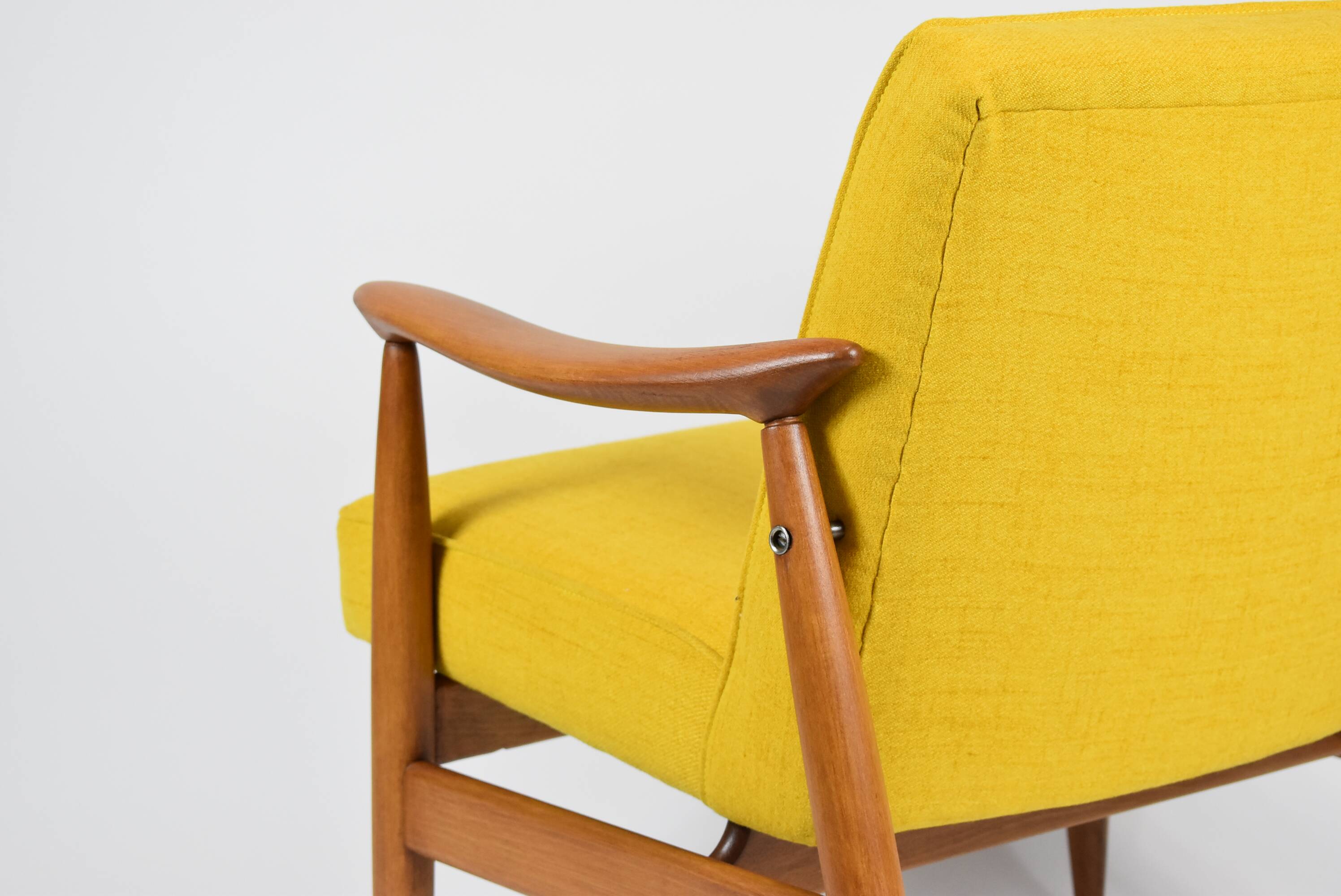 Vintage original armchair , 1960s, fully restored, yellow fabric, teak