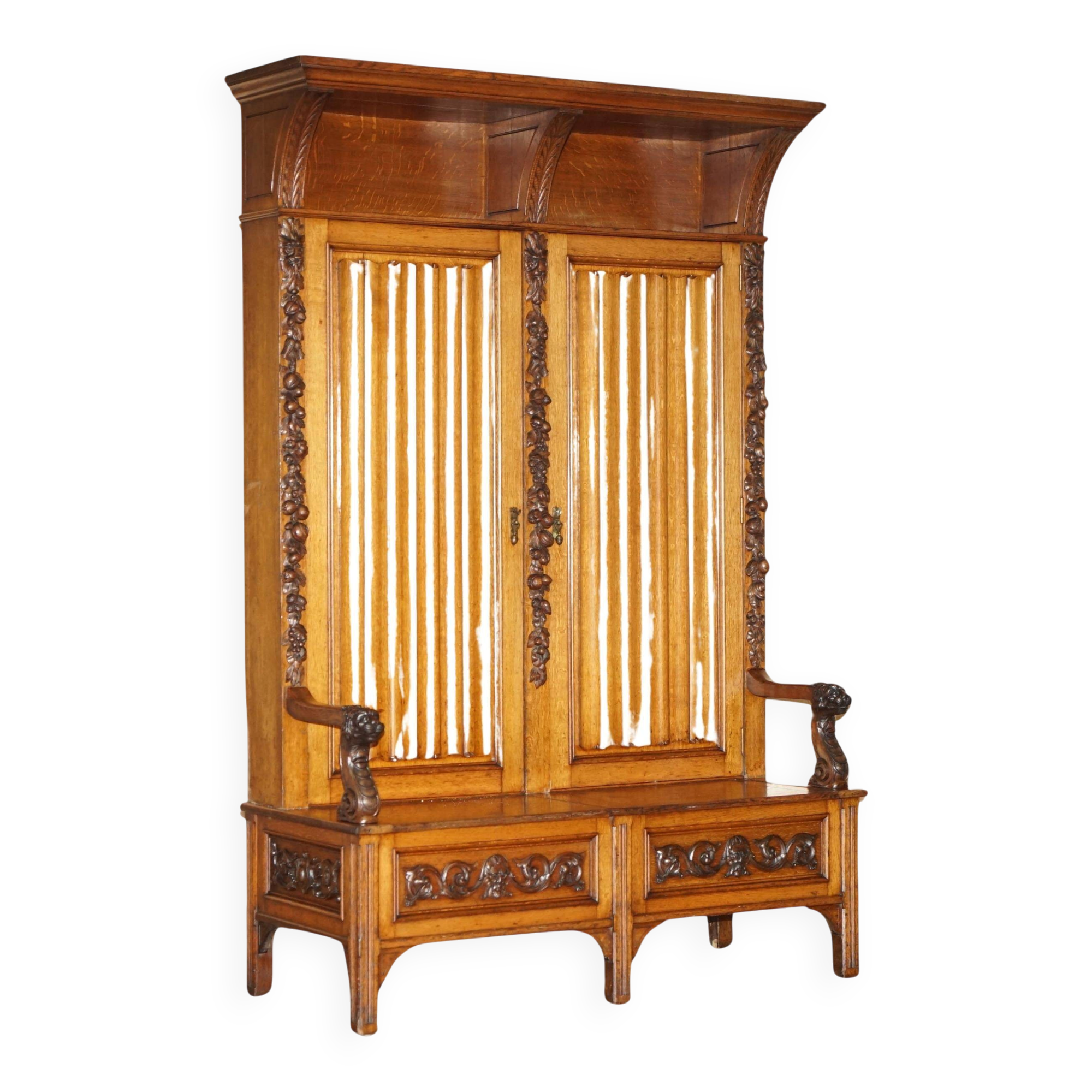 Victorian Antique Bacon Bench in Carved Walnut by Hampton & Sons