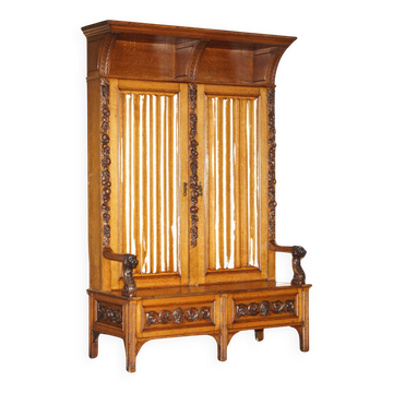 Banc Bacon Antique Victorien en Noyer Sculpté par Hampton & Sons