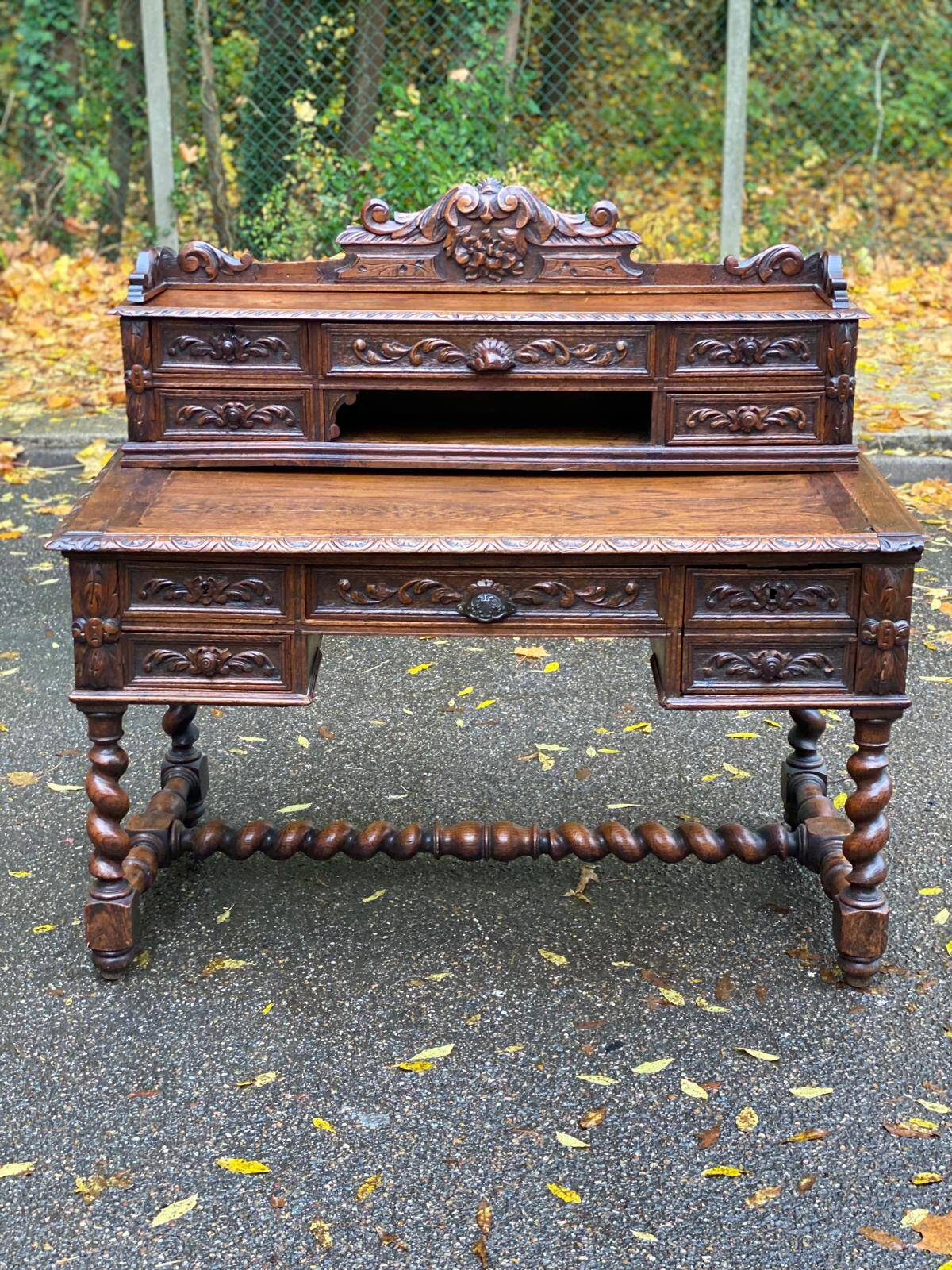 19th-century Renaissance carved oak desk with chair