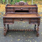 19th-century Renaissance carved oak desk with chair