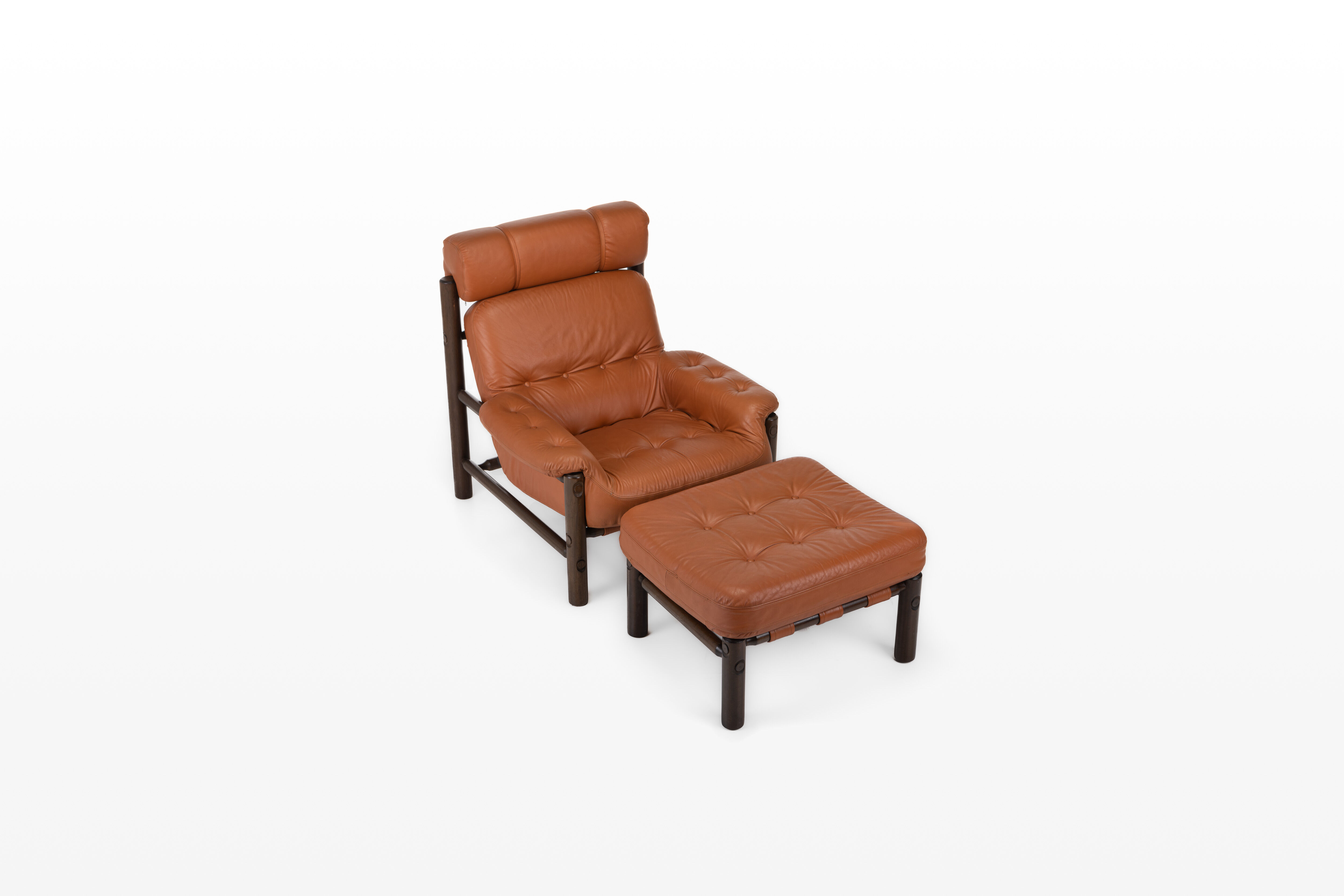 Brutalist Lounge Chair and Ottoman in Cognac Leather , 1970s