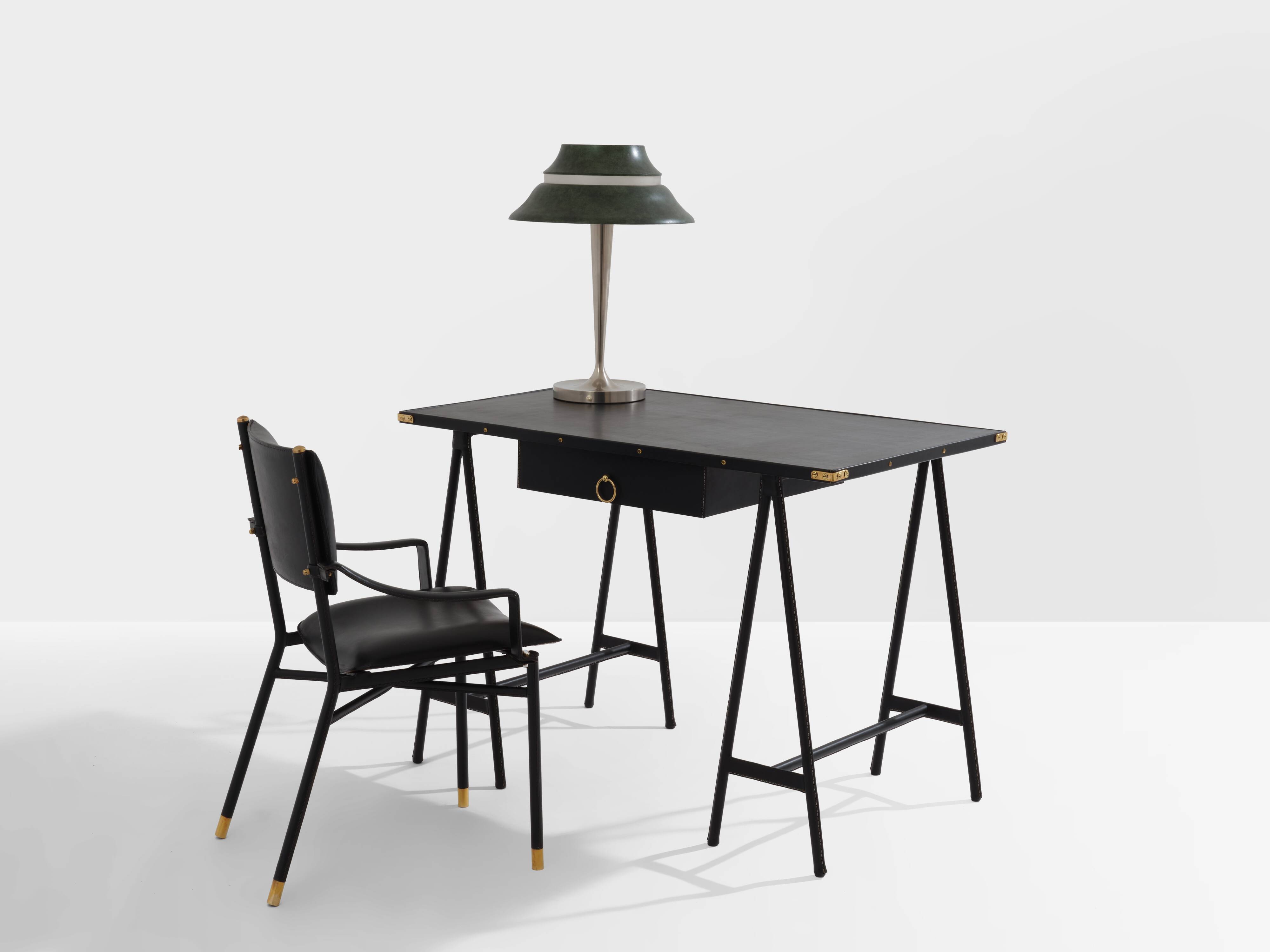 Jacques Adnet black leather brass office chair 1950